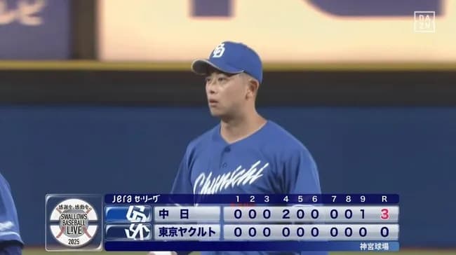 【ヤクルト対中日25回戦】中日が３－０でヤクルトに勝利し３連勝！松山がリーグトップタイ44Ｓ！マラー２カ月ぶり４勝目！上林が決勝２ラン！