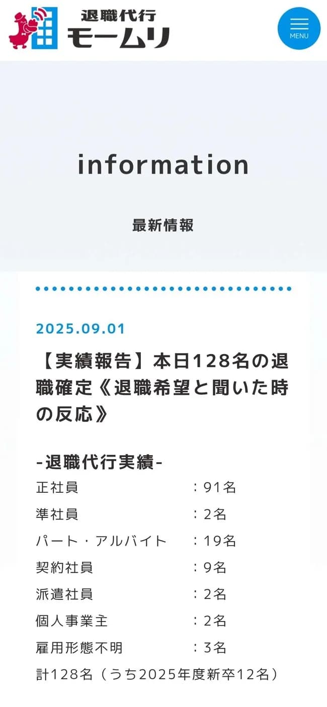 退職代行モームリさん、8月明けに128名もの依頼者を退職させることに成功！
