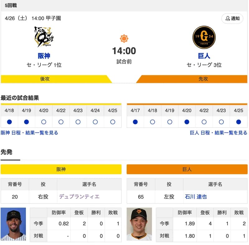 【虎実況】阪神　VS　巨人（甲子園）４/２６（土）１４:００〜