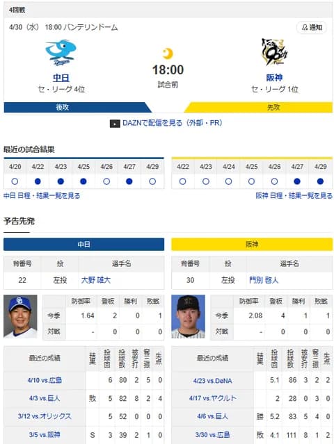 【ドラゴンズ実況】 4/30 中日 vs 阪神（バンテリン）18:00~　先発：大野【中継:CBC　Jスポ2 DAZN】
