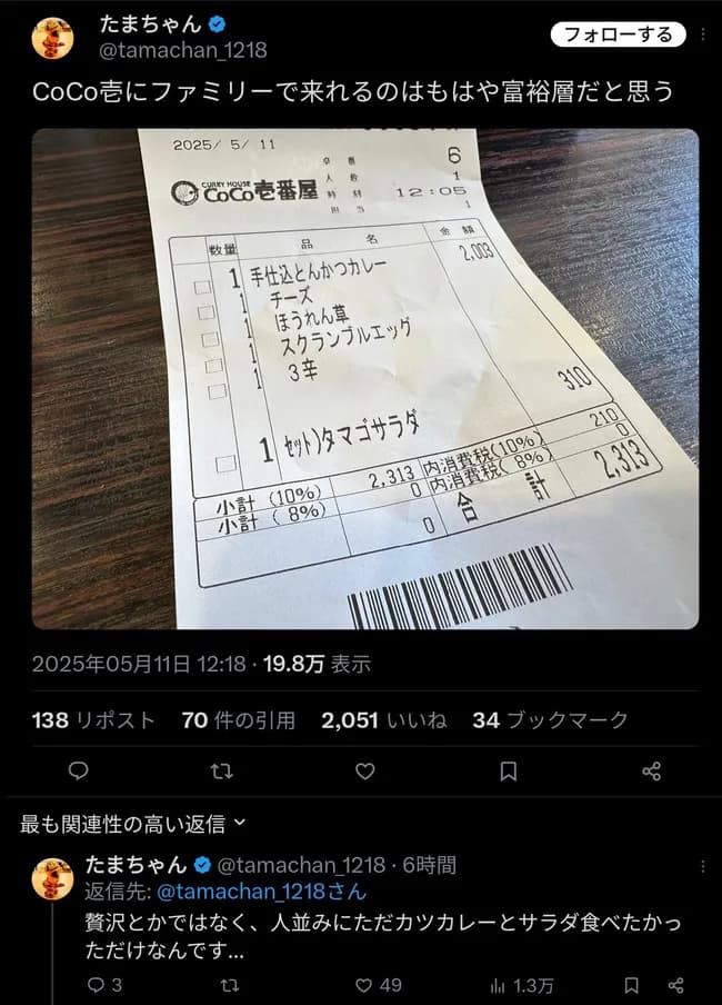 【画像】X民「CoCo壱のカツカレーとサラダ、お会計2,300円。異常だよ」