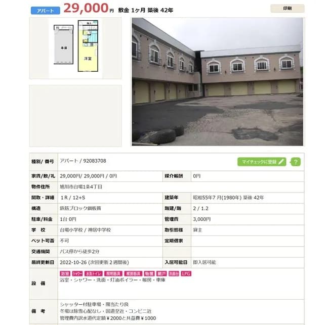 【画像】北海道旭川のアパート、ガレージ付きで家賃29000円