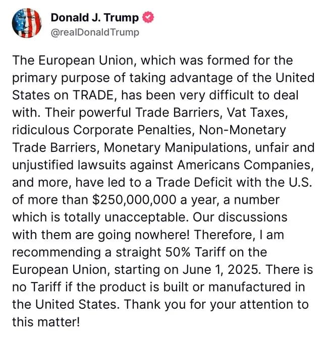 【悲報】EUがトランプとの関税交渉に失敗、6月1日から50%の関税スタート