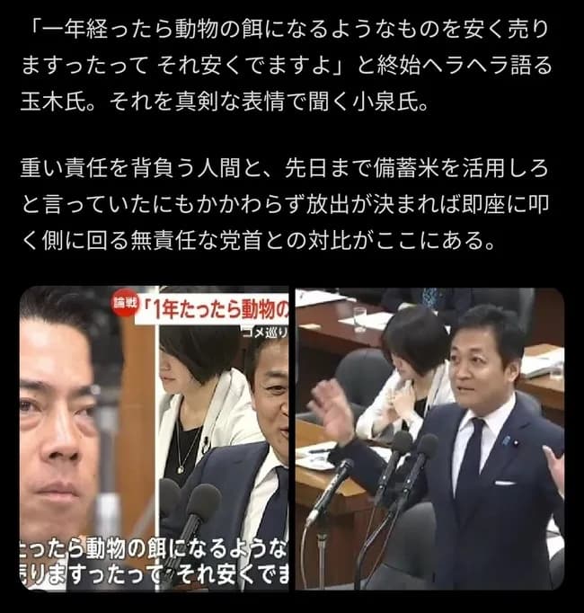 玉木雄一郎さん釈明「小泉も『エサ米』って言ったよ？なんでワイばっかり叩かれるの」