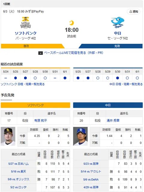 【ドラゴンズ実況】 6/3 中日 vs ソフトバンク（みずほPayPay）18:00~　先発：涌井【中継:TOKYO MX2、スポーツライブ＋他】