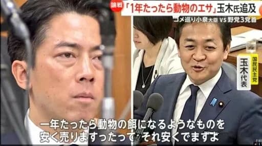 国民・玉木「国民の皆さん、小泉備蓄米はブタのエサなんですよ（半笑い）」小泉大臣「…」←表情ww