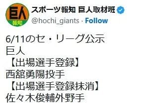 巨人、佐々木俊輔を抹消　西舘勇陽を一軍登録　捕手4人継続