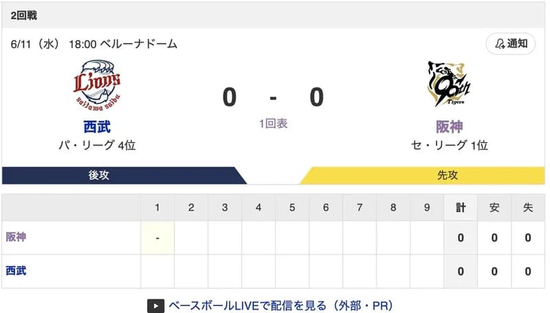 【虎実況】[6月11日] 阪神 vs 西武 2回戦（ベルーナドーム）18:00～