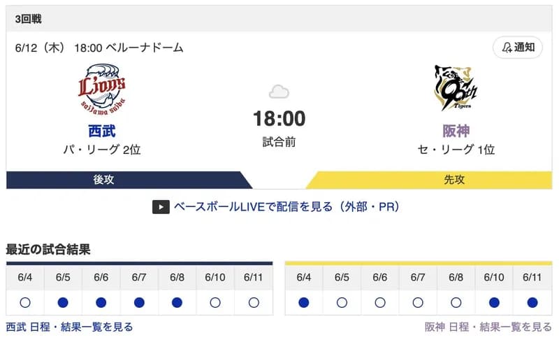 【虎実況】[6月12日] 阪神 vs 西武 3回戦（ベルーナドーム）18:00～