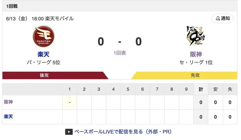 【虎実況】[6月13日] 阪神 vs 楽天 1回戦（楽天モバイル）18:00～