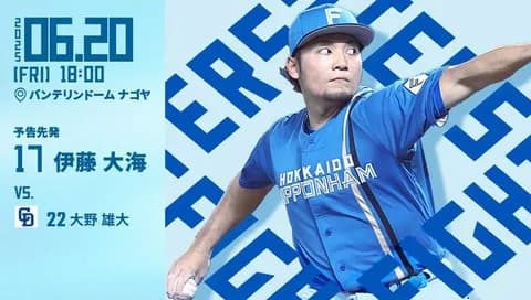 伊藤大海 6月20日の中日戦 予告先発！ 18:00～