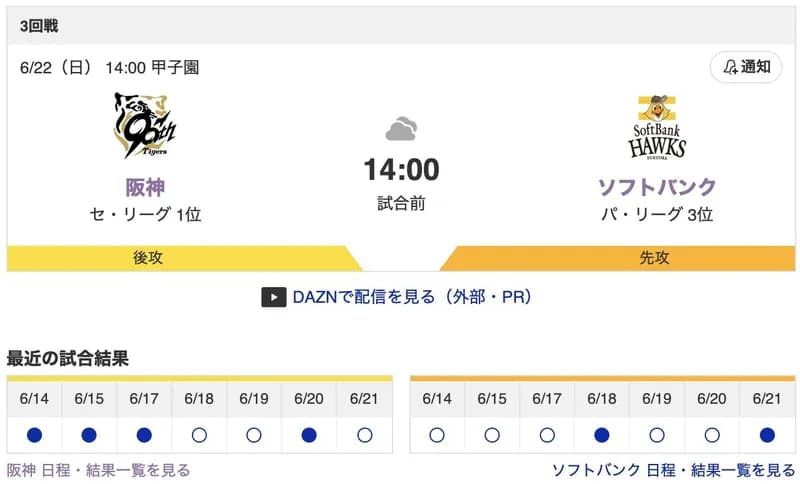 【虎実況】[6月22日] 阪神 vs ソフトバンク 3回戦（甲子園）14:00～
