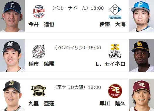 6/27(金)予告先発　種市篤暉×モイネロ