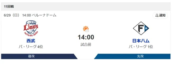 西武vs日本ハム　6月29日(日)14:00　ベルーナドーム