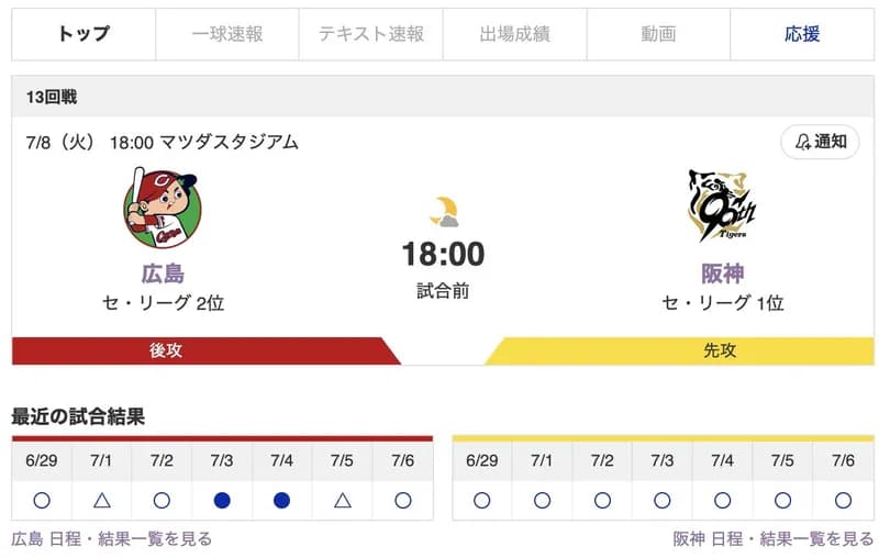 【虎実況】[7月8日] 阪神 vs カープ 13回戦（マツダ）18:00～