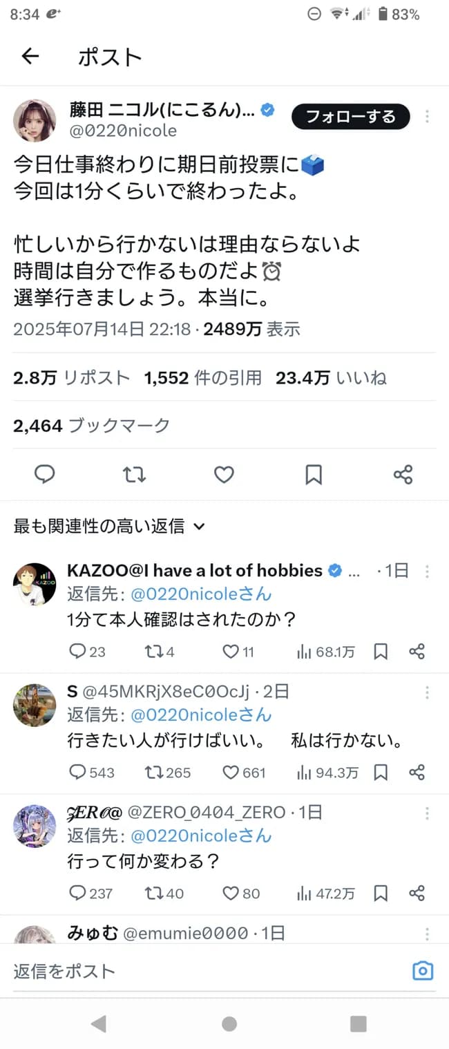 藤田ニコル「選挙行こ！投票なんてすぐだよ！忙しいは理由にならない」←「許せねぇ」