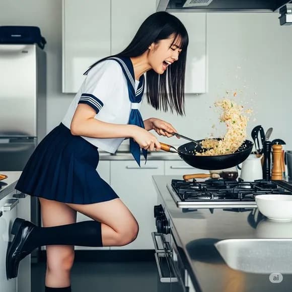 【画像】ワイ「チャーハン作ってるJKの画像生成して」AI「カシコマリマシタ」