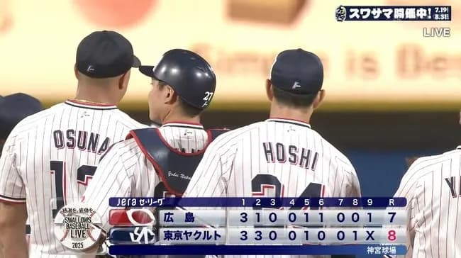 【ヤクルト対広島12回戦】ヤクルトが広島との乱打戦制し4月以来の3連勝！オスナ5号3ラン＆V打含む5打点 中村優は危険球退場、5回途中5失点 星ヒヤリ2S