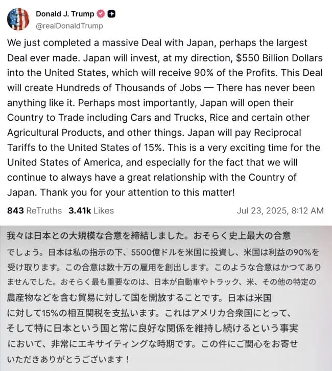 トランプ「日本は関税15%とアメリカに5500億ドルの投資」