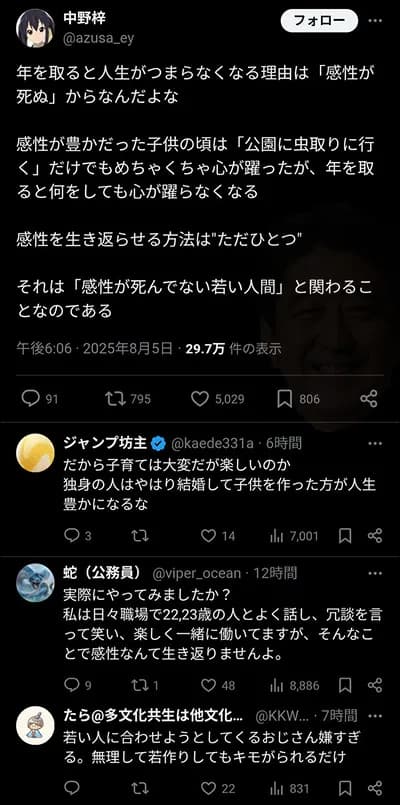 【悲報】中野梓「年を取ると人生がつまらなくなる理由がこれ」