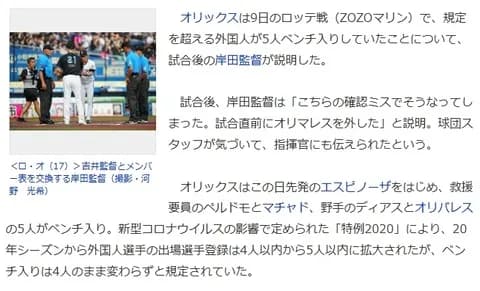 オリックス岸田監督、外国人5人ベンチ入りに「こちらの確認ミス、試合直前にオリマレスを外した」