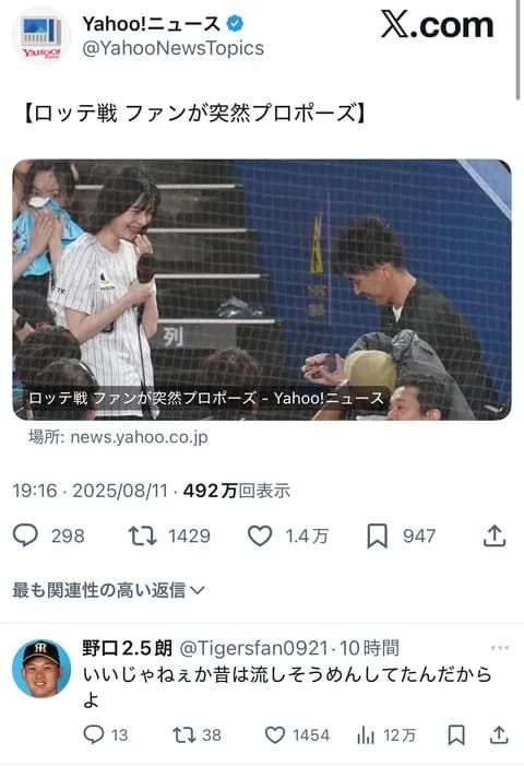 Yahooニュース「ロッテ戦でファンが突然プロポーズ」