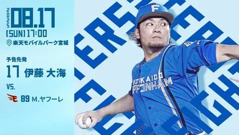 伊藤大海 8月17日の楽天戦 予告先発！ 17:00～