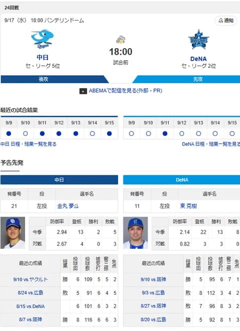 【ドラゴンズ実況】 9/17 中日 vs DeNA（バンテリンD）18:00~　先発：金丸夢斗【中継:Jスポ2 DAZN他】