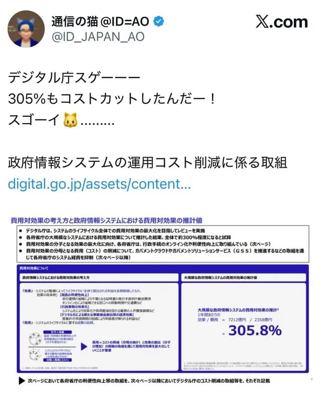 デジタル庁、政府システムの運用予算を305%コスト削減してしまう