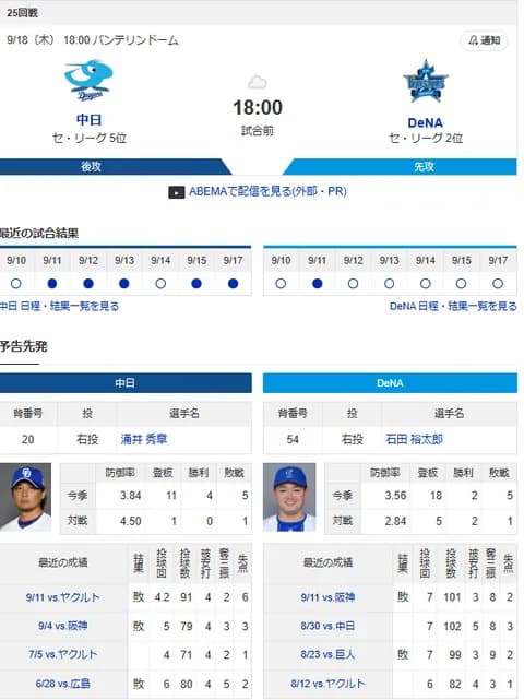 【ドラゴンズ実況】 9/18 中日 vs DeNA（バンテリンD）18:00~　先発：涌井【中継:NHKBS　Jスポ2 DAZN他】