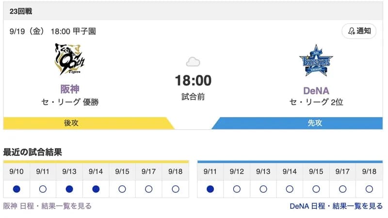 【虎実況】[9月19日] 阪神 vs DeNA（甲子園）23回戦　18:00～