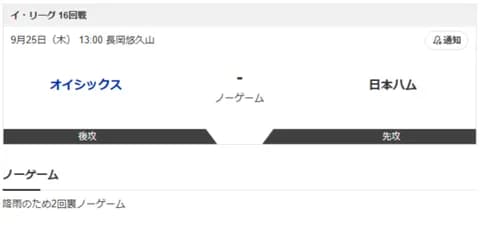 【2軍オイシックスvs.日本ハム】降雨のため2回裏ノーゲーム