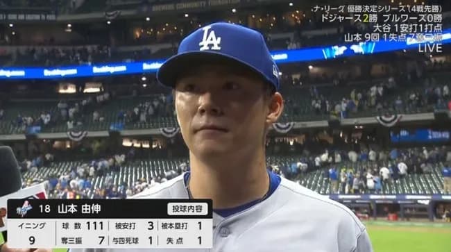 山本由伸、PSでメジャー初完投！　9回1失点で球団21年ぶり快挙達成　ド軍は敵地で連勝、大谷20打席ぶり安打