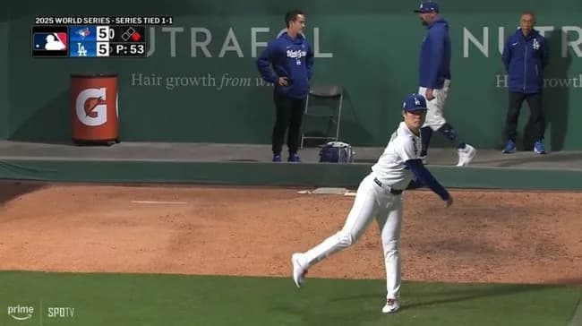 【WS第3戦】ドジャース・山本由伸、ブルペンで投球練習開始