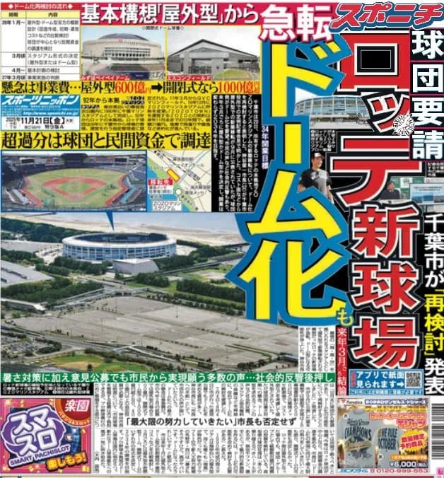 ロッテ要請で新球場「ドーム化」実現も　千葉市「再検討」で屋外型構想から急転ｗｗｗｗｗｗ