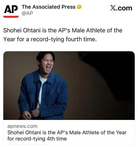 【朗報】大谷翔平さん、アメリカ全体で2025年最強アスリートに選出されてしまう