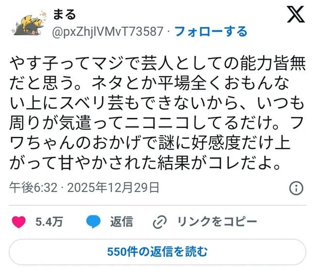 【悲報】やす子、マジで嫌われ始める。Xのやす子嫌いツイートが5.5万いいね