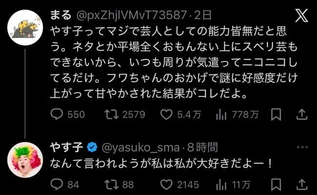 【悲報】やす子、アンチとレスバ開始ｗｗｗｗｗｗｗｗｗｗ