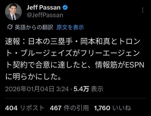 岡本和真 4年6000万ドル(約94億円)でブルージェイズと電撃合意！