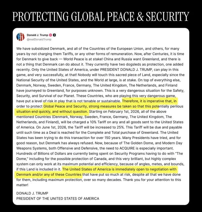 トランプ「米国のグリーンランド占領に反対する国には関税追加で25％な」