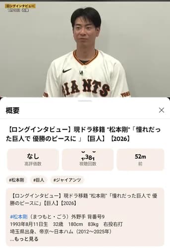 【悲報】巨人松本剛さん、公式から現ドラ扱いされる