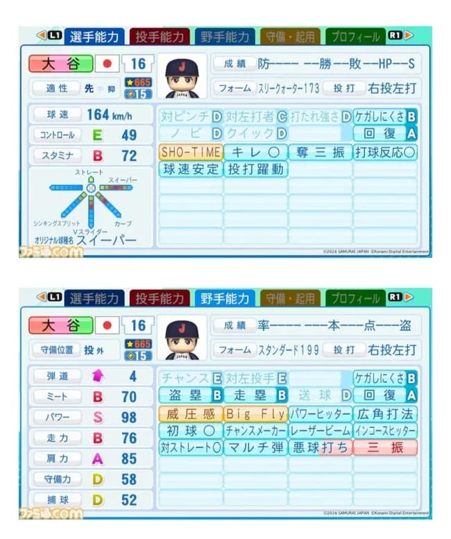 【画像】最新版ゲームで大谷翔平の能力値が決定！