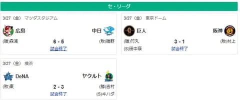 3/27開幕戦 セ順位スレ 兎鯉燕ｰ／ｰ虎星竜