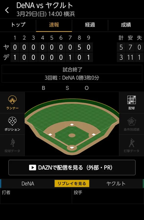 ベイスターズ 3 ー5 スワローズ　開幕カード3連敗