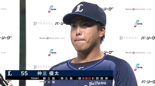 仲三優太 .111(9-1) 1本 2打点 6三振 OPS.644