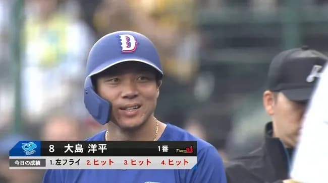 【阪神対中日5回戦】中日、6回表2アウト二三塁から大島のタイムリーで勝ち越し！大島は今日猛打賞！！！！！！！！！！！