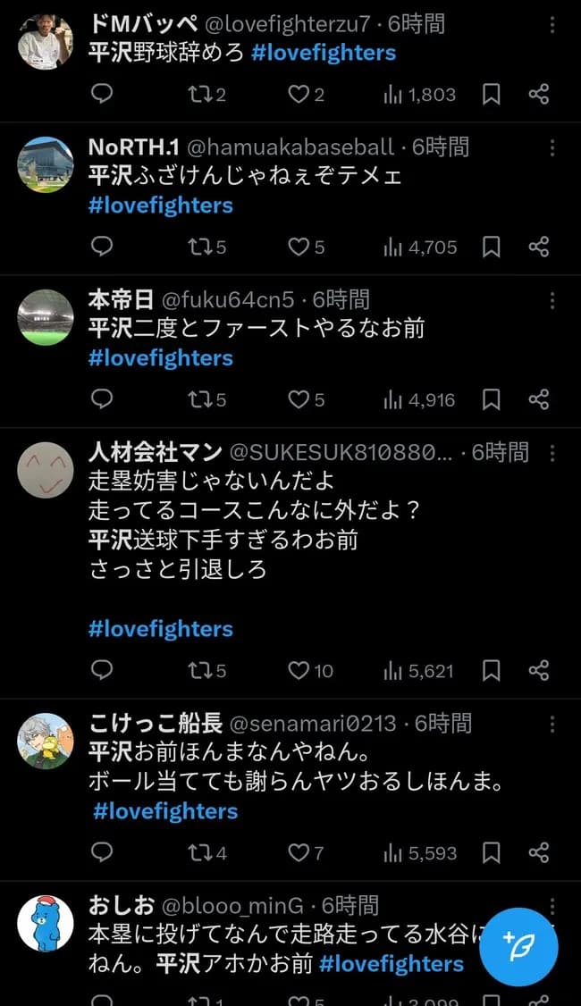 【悲報】日ハムファンさん平沢への誹謗中傷が止まらない