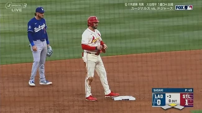ドジャース・佐々木朗希、３回表にカージナルス・バールソンにタイムリーを打たれ先制点を許す…