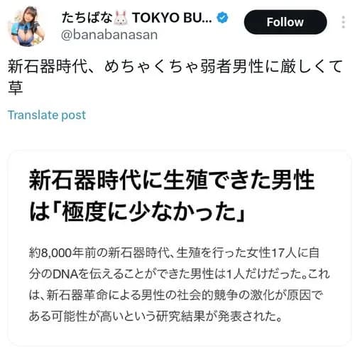 【悲報】新石器時代、弱男にガチで厳しすぎるｗｗｗｗｗｗｗｗｗｗ