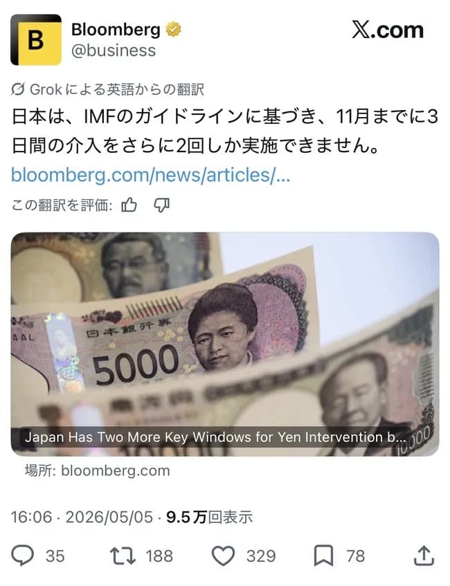【悲報】日本の為替介入、IMFルールで11月まであと2回しか打てない模様